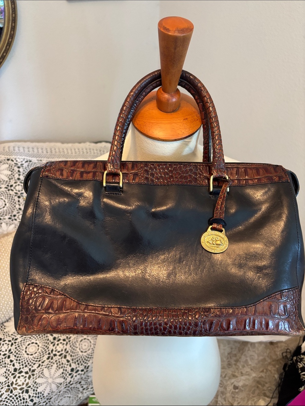 Brahmin Black Leather Satchel with Brown Croc-Trim *** includes matching wallet